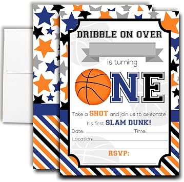 Amanda Creation Basketball First Birthday Invitation, 20 Pack 5x7 Basketball 1st Birthday Invitations with White Envelopes, Slam Dunk Theme