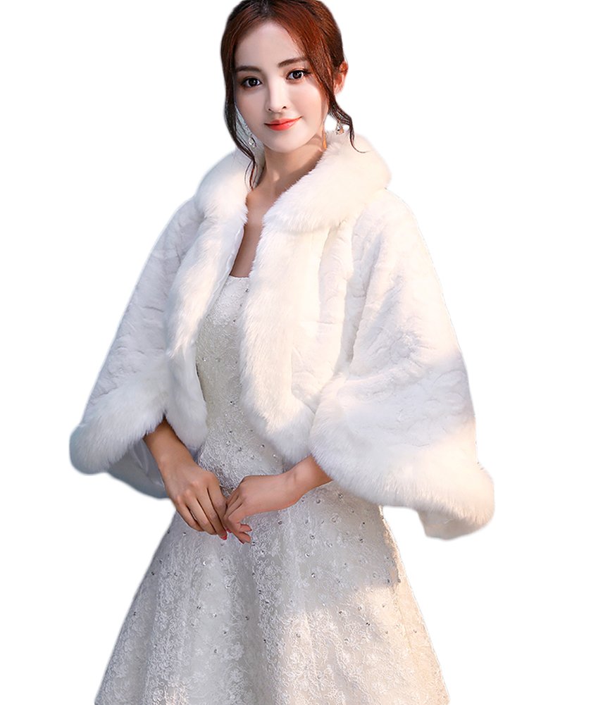 Icegrey Invierno Chaqueta De Piel De Visón Sintética Para Novia Boleros Con Manga 3/4 y Forro Chal Estola Capa Para Fiesta Bodas Blanco Marfil