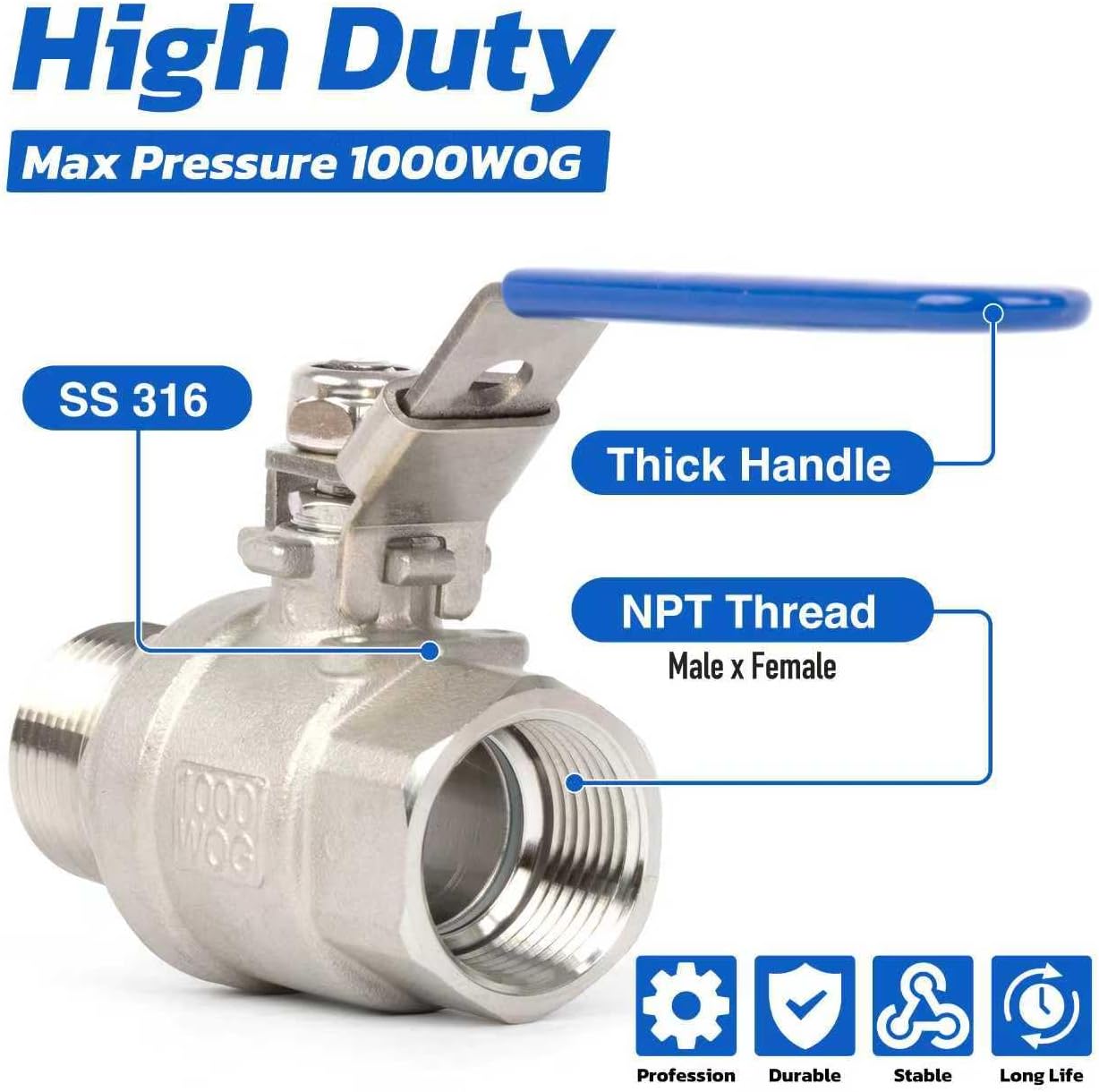 U.S. Solid 3/4" Ball Valve, Pack of 2 – Male x Female 316 Stainless Steel Heavy Duty for Water, Oil, and Gas, 1000WOG NPT, Full Port with Anti-Misoperation Lock