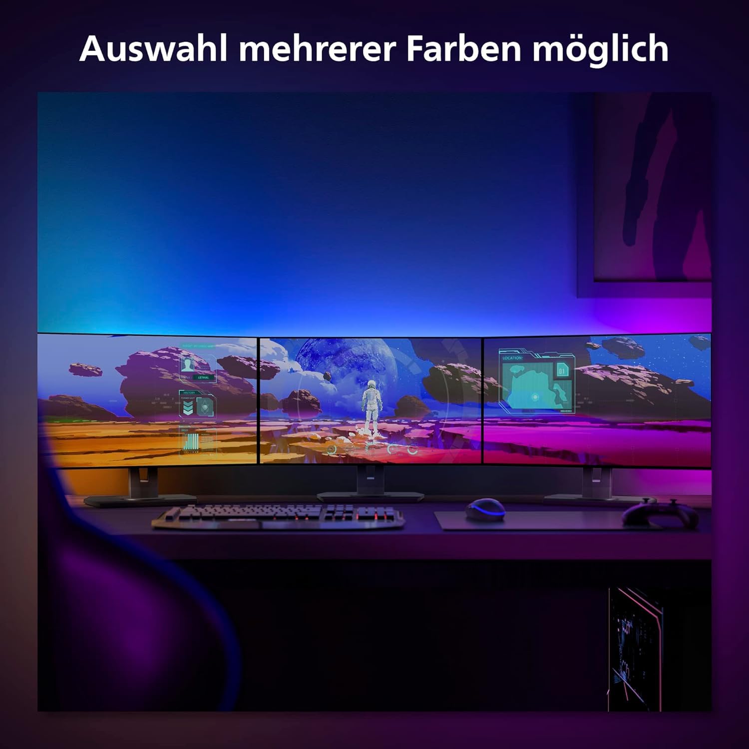 Philips Hue White & Color Ambiance Play Gradient, PC Lightstrip für 3 x 24-27 Zoll, dimmbar, 16 Mio. Farben, Starter Set, inkl. Hue Bridge, kompatibel mit Amazon Alexa (Echo, Echo Dot)