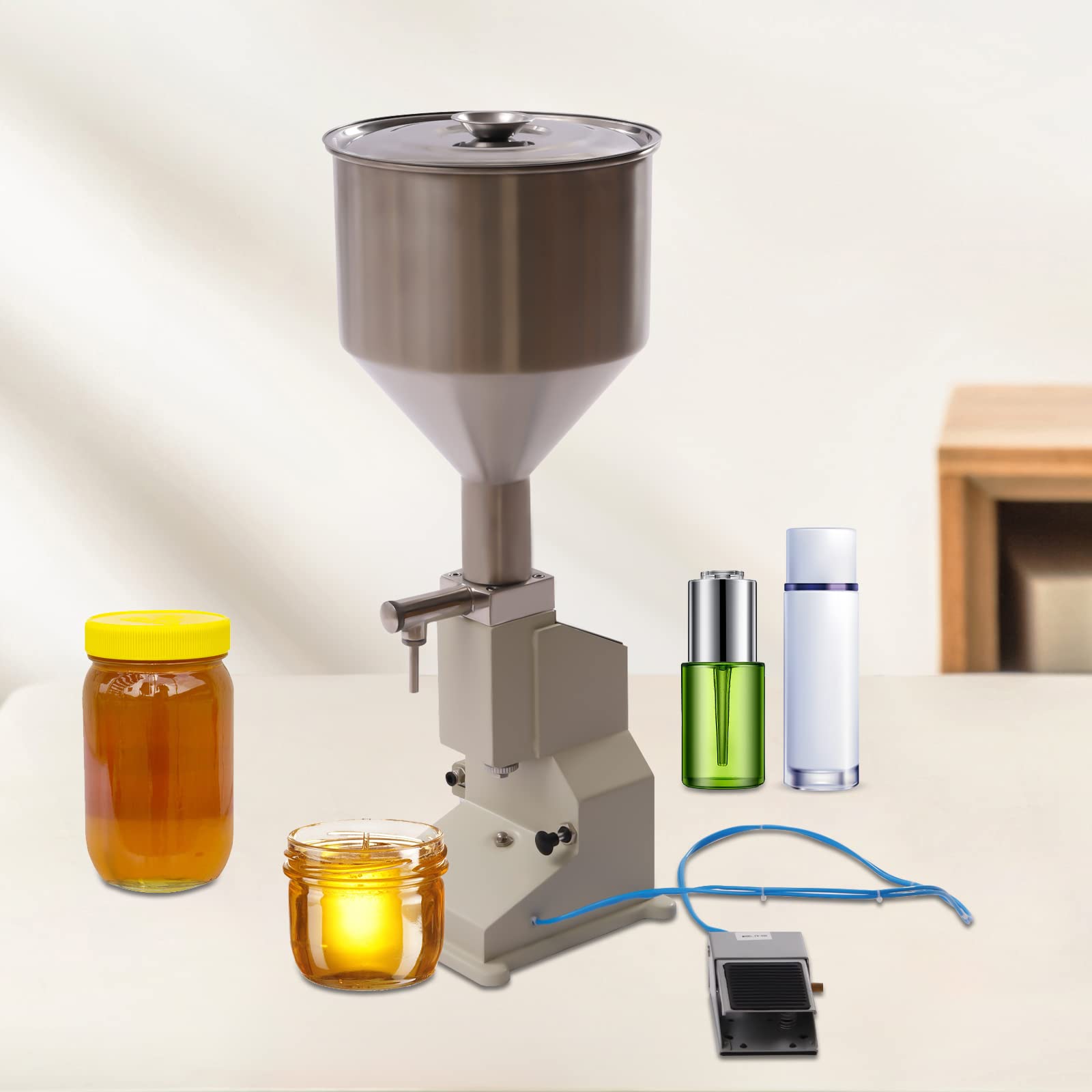 Máquina de llenado de líquido en pasta neumática, máquina de llenado de botellas semiautomática de 10 a 110 ml, máquina de llenado de pasta líquida con tolva de 10 l para cosméticos, aceites, cremas