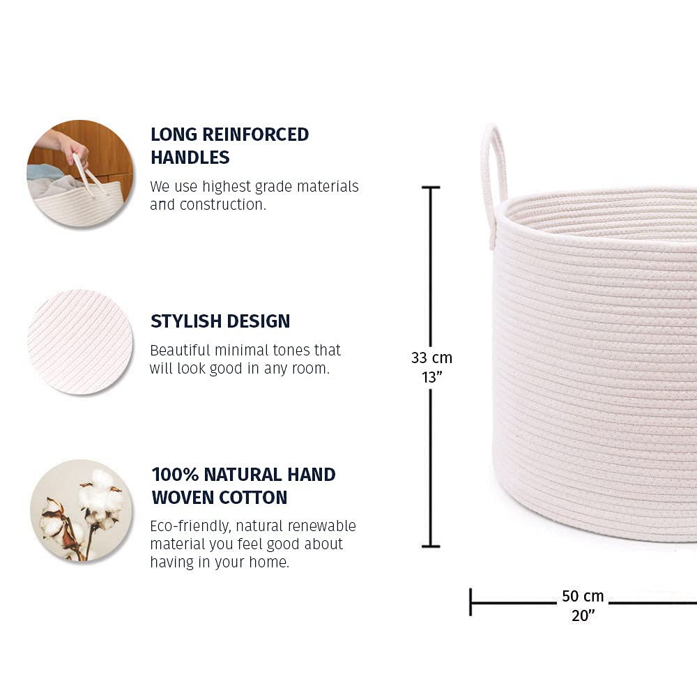 OrganiHaus Grande cestino bianco per riporre oggetti, in corda di cotone, cesto per coperte, cesto portabiancheria per bambini, cestino intrecciato per riporre giocattoli, cestino rotondo grande per