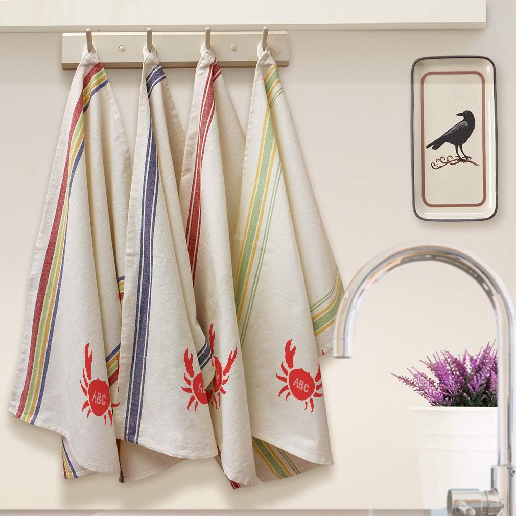 Custom Decor Kitchen Towels Personalized Monogram Crab Sea Life Beach Ocean G Ocean and Sea Life Crabs Cleaning Supplies Dish Towels Blue Stripe