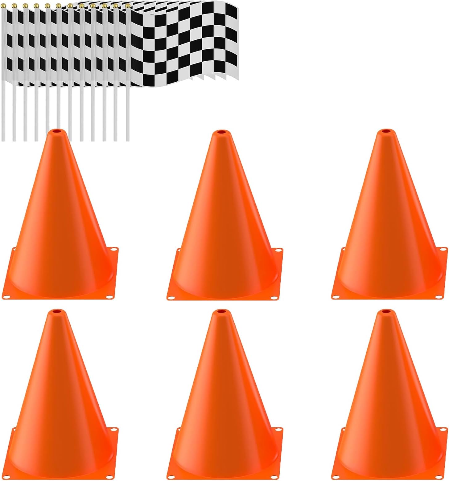 Traffic Cones with Racing Checkered Flags-6 Traffic Cones With Hole on Top, 12 Checkered Flags, Race Car Birthday Party Supplies, Table Centerpiece Decorations, Kids Gift (18PCS)