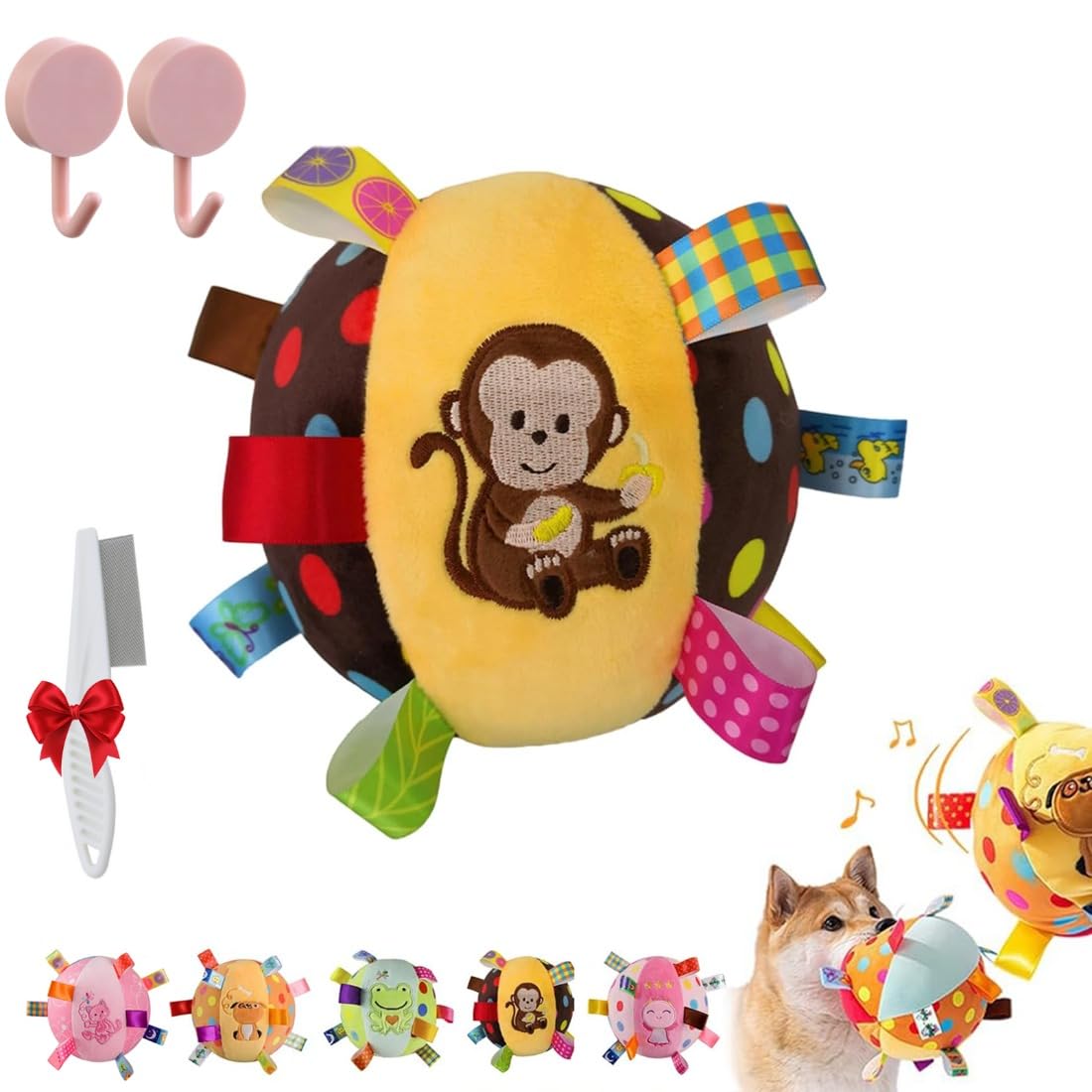 Qosneoun Colorful Squeaky Hanging Dog Training Toy, Puppy Play Gym with Built-in Bell, Soft Stuffed Cotton Ball Bungee Chew Toys for Small Medium Dogs Interactive Training (Monkey)