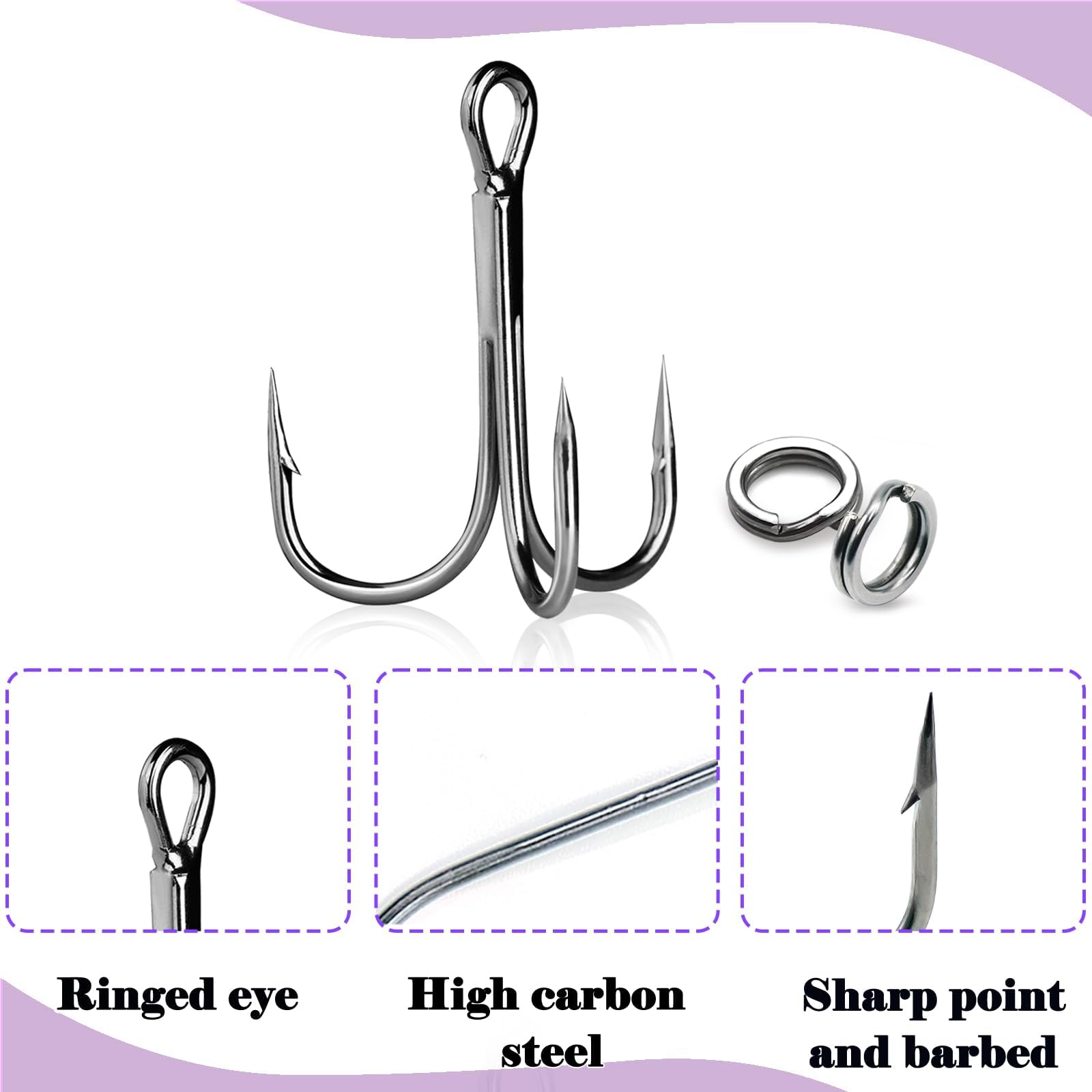 Kit de anzuelos agudos de pesca, acero de alto carbono, 50 unidades, anzuelos agudos mixtos, tamaño 2/4/6/8/10 | anzuelos afilados para pesca en agua salada y agua dulce | Ganchos de pesca duraderos