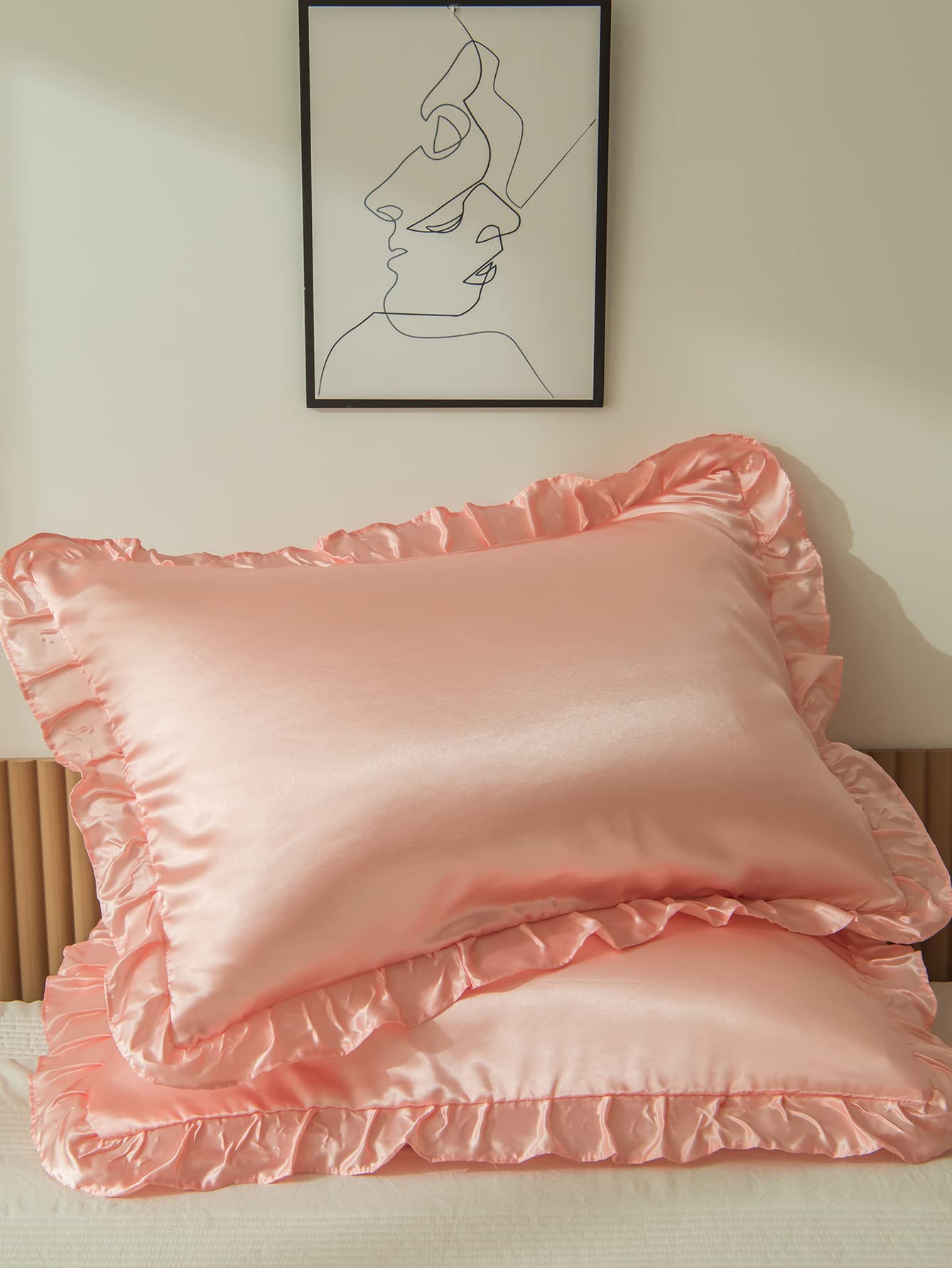 Herside Satin Pillow Cases Pack of 2 Silk Like Satin Pillow Cover Standard/Queen Silky Ruffled Pillowcases with Pocket Closure- Pink,50x75 cm