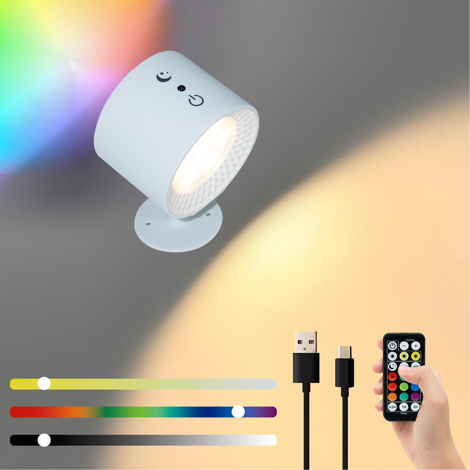 VAODO UP&Down LED Wall Sconces, Wall Mounted Lamps with Remote Control and 3 Color Temp, RGB Magnetic 360°Rotation Cordless Wall Light, for Reading Bedside Bedroom Living Room Reading Room, White
