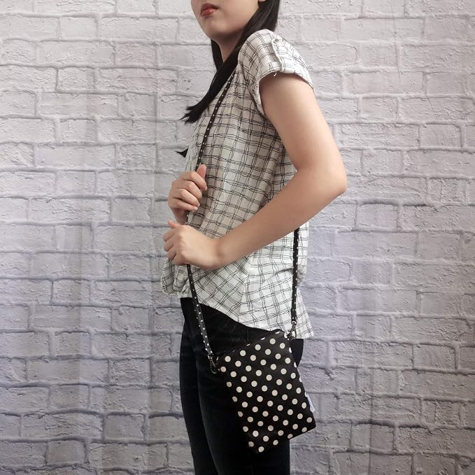 Image of Tainada Women Crossbody Shoulder Travel Zippered Wallet Purse Clutch Cell Phone Bag w /Detachable Strap (Black White Polka Dots)