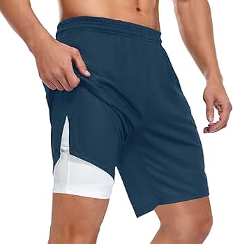 ZZXXB Navy Blue Athletic Shorts for Men with Pockets 2 in 1