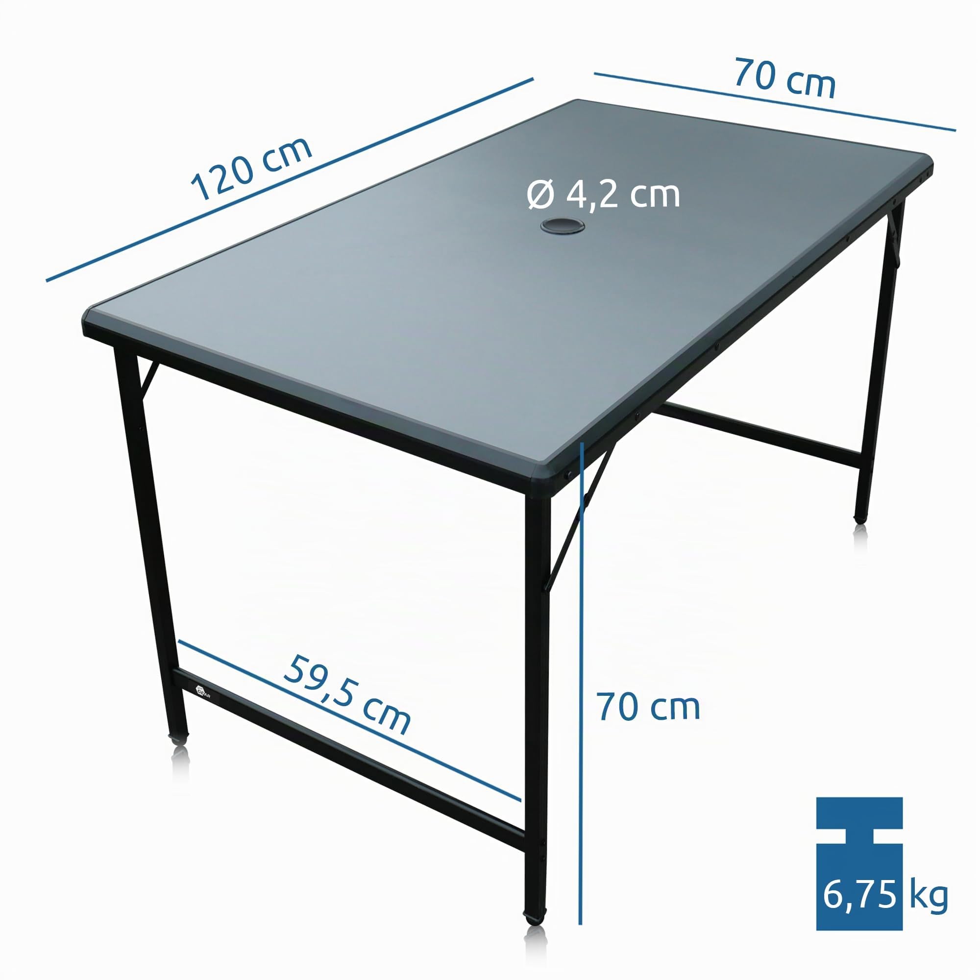 your GEAR Tavolo da campeggio Tivoli XL – Tavolo pieghevole 120 x 70 cm altezza 70 cm – Impermeabile e durevole in alluminio con foro per ombrellone – Tavolo pieghevole per esterni e campeggio