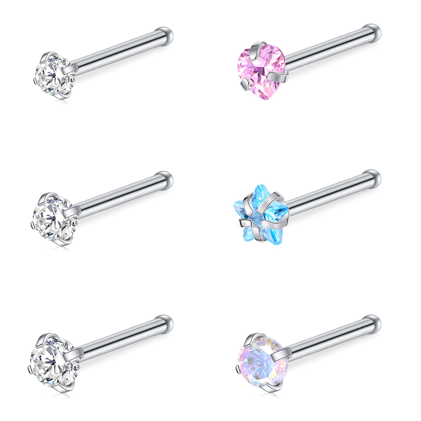 D.Bella20G Nose Rings for Women Stainless Steel Nose Ring 20 Gauge Nose Rings Hoops Studs Flower Heart Diamond L Shaped Nose Studs Nostril Nose Piercing Jewelry for Women Men