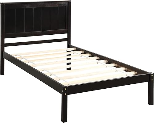Miniatura 5 de Merax Marco de cama de plataforma de estilo rústico de madera con cabecero, soporte de listones de madera, no necesita somier, individual, espresso