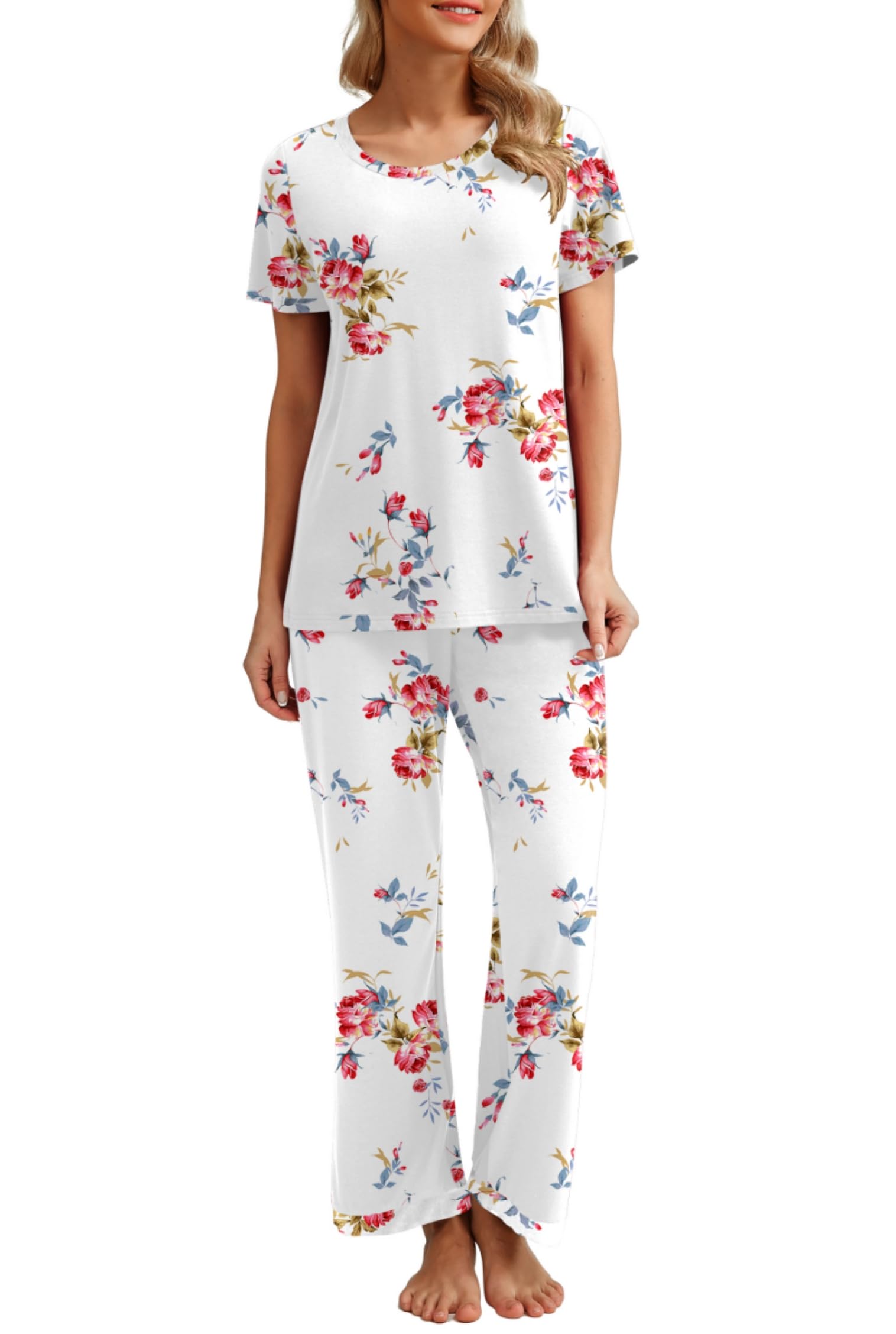 PrinStory Schlafanzug Damen Rundhals Pyjama Set Kurzarm Schlafanzugoberteile Und Lange Nachtwäsche Hosen Mit Taschen Lounge-Set