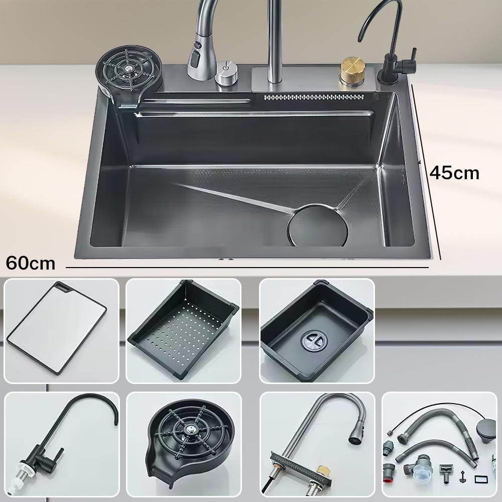Lavello da cucina multifunzione 60 x 45 cm, lavello 1 vassoio in acciaio