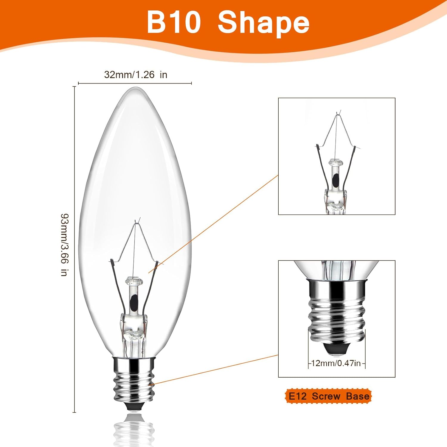 Brtstiun E12 60 Watt Incandescent Candle Light Bulbs, Dimmable B10 Chandelier Light Bulbs Warm White 2500K 12 Pack Light Bulb Decorative Chandelier for Ceiling Fan, Pendants