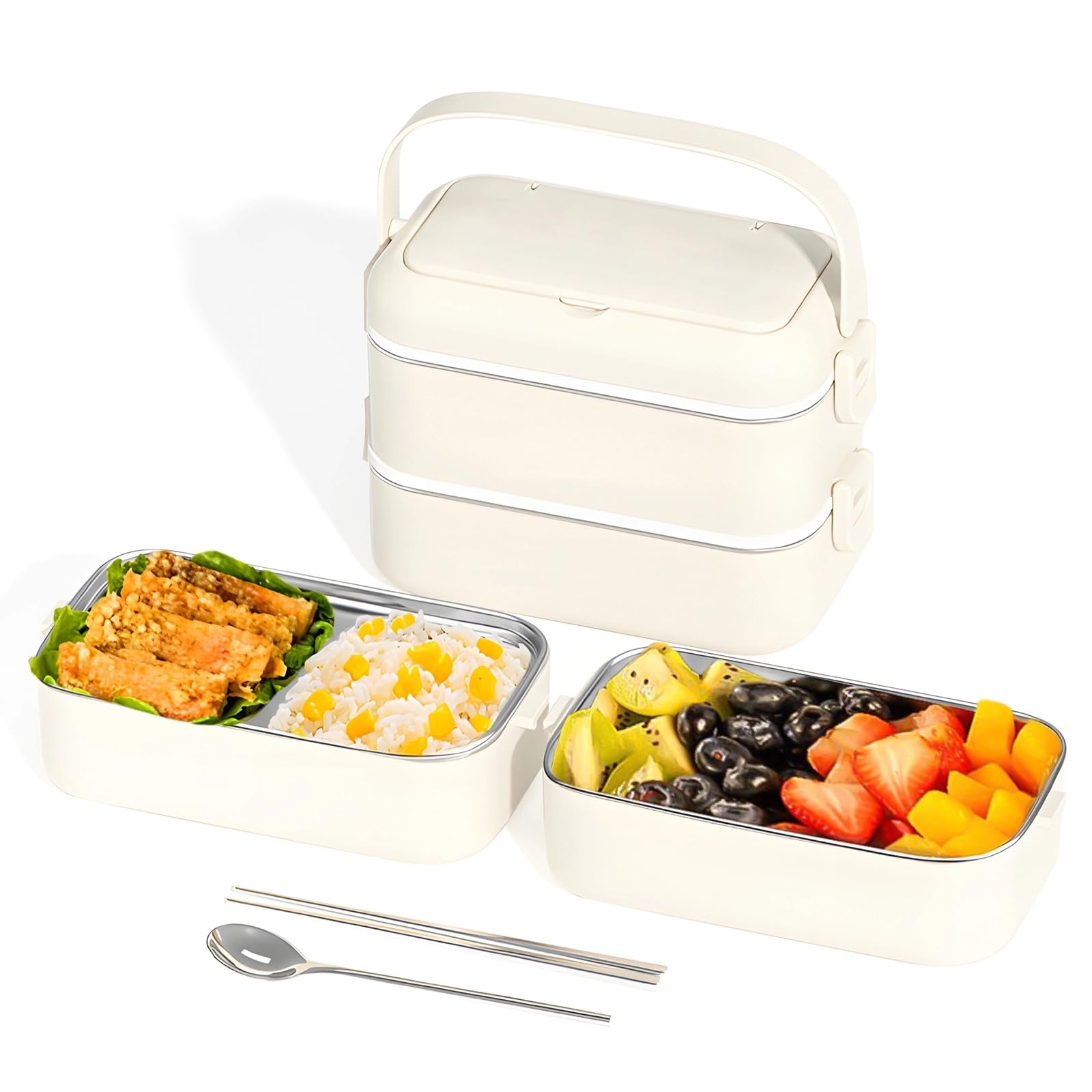 Boîte bento en acier inoxydable 304, grande capacité format XL, compatible micro-ondes, avec cuillère et baguettes, lunch box polyvalente pour le travail, l'école et les repas de tous les jours