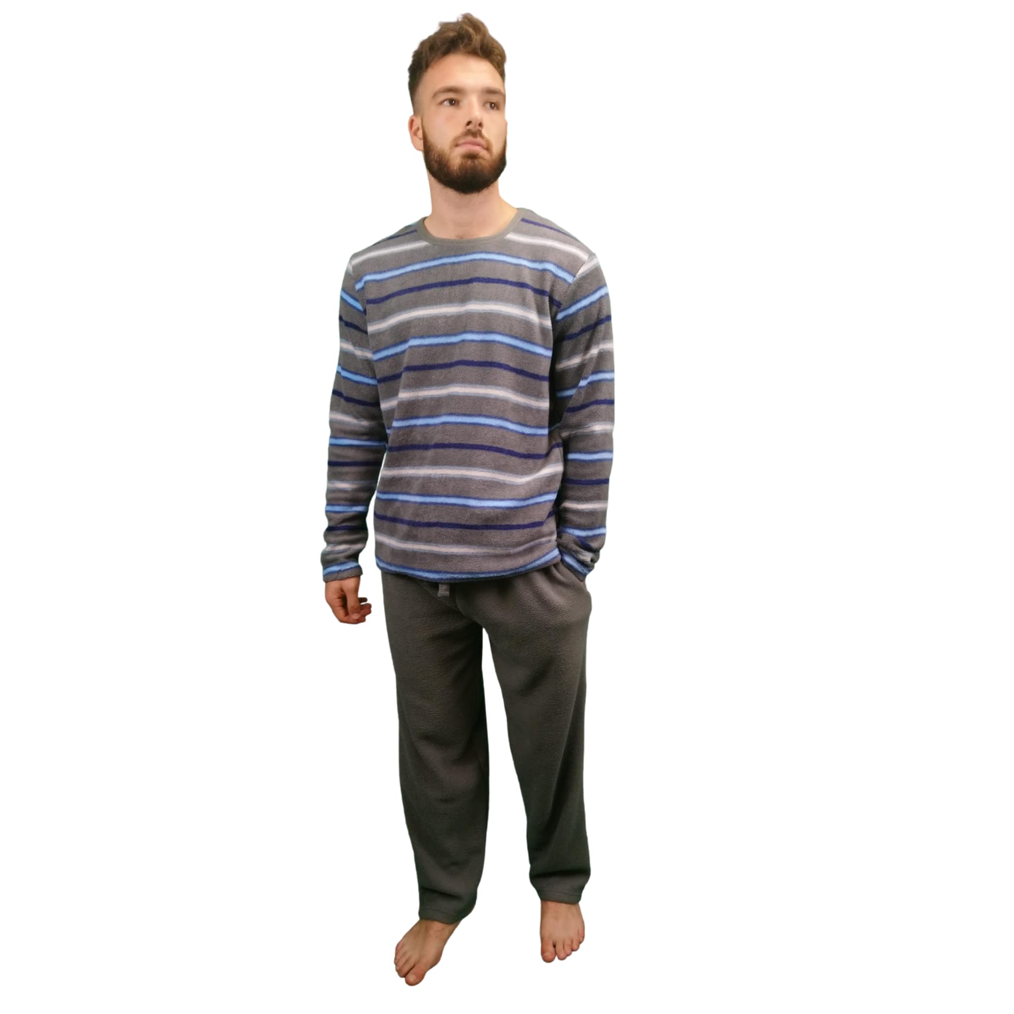 Kruxader Men's Grey Stripe Winter Striped Pyjama Set Loungewear Pjs Warm Fleece Pj's (, 3XL)