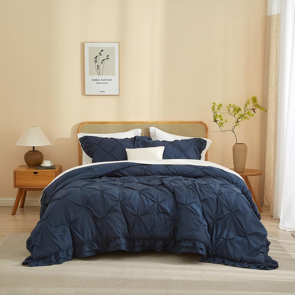 Dark Blue Ruffled Pintuck Comforter Set Queen Size, Microfiber Pinch Pleated Comforter Set Vintage Shabby Chic Bedding, 3 Piece Brushed Comforter Set, 1 Ruffled Comforter with 2 Pillowcases
