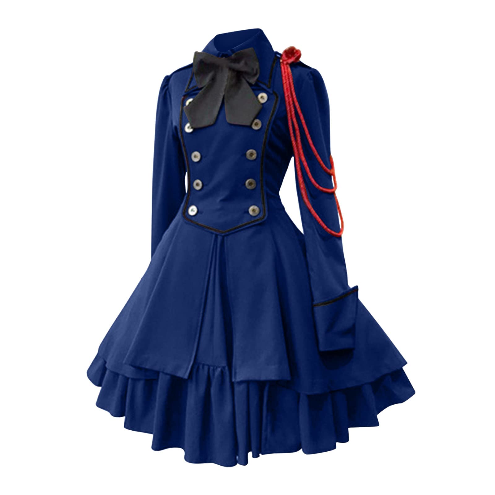 Dresses for Women UK Steampunk Gothic Dress Court Collar Long Sleeve Ruffled Patchwork Long Skirts Medieval Vintage Halloween Party Dresses,Lolita Gothic Vintage Bow Ruffle Steampunk Dress Blue