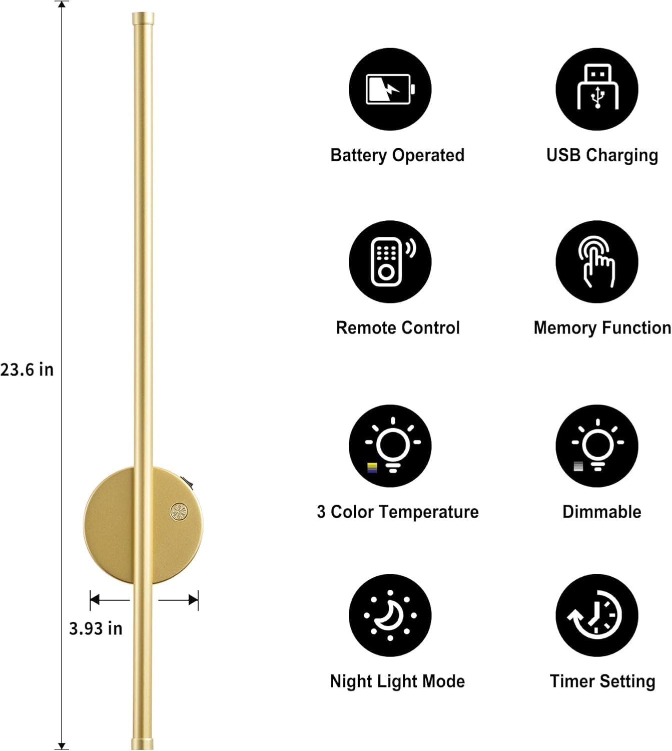 Lámpara de Pared LED Recargable Sin Conexión Eléctrica 100CM Largo Luz de Pared Detector de Movimiento Inalámbrico Luz de Pared Lámpara de Salón Regulable Mando a Distancia Luces,Oro,60CM
