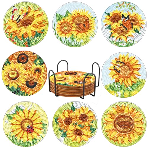 Image of 8 Pcs Sunflower Diamond Painting Coasters with Holder, DIY Diamond Art Coasters Kit, Small Diamond Art Kits Non Slip Handmade Table Decor Craft for Adults