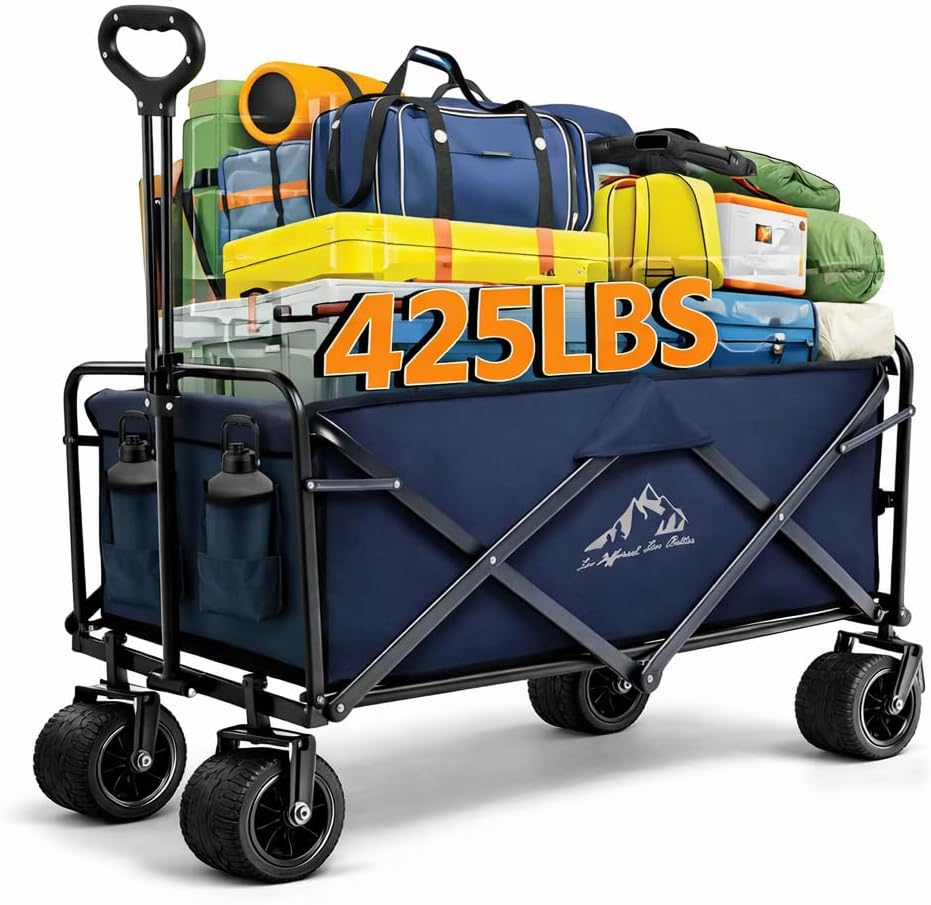 KEDY Heavy Duty Collapsible Wagon Cart with Wheels - Large Capacity Foldable Portable Utility Wagon for Grocery, Beach, Camping & Sports Shopping, Blue
