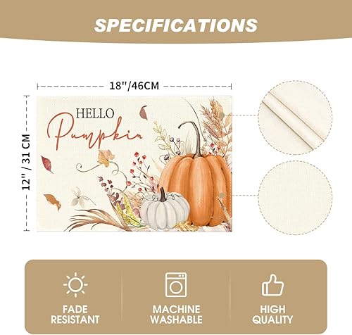 Miniatura 5 de Artoid Mode Juego de 2 manteles individuales de otoño de 12 x 18 pulgadas con diseño de hojas florales de calabaza naranja y calabaza para