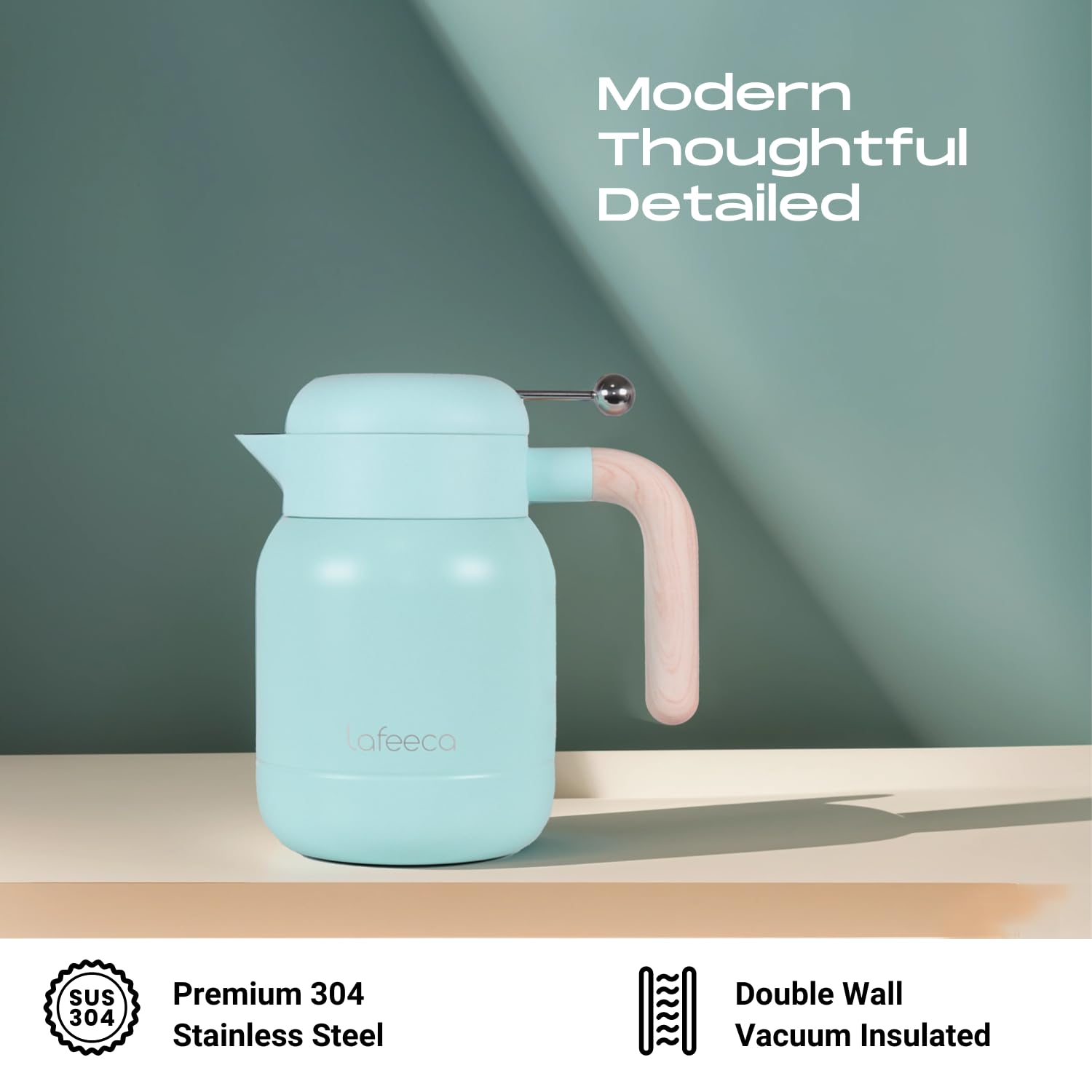 Aura - Jarra térmica de café para mantener el calor y el frío helado, aislada al vacío, jarra de agua termo, dispensador de bebidas, mango y tapa de tacto frío, sin BPA, 1 litro, color azul