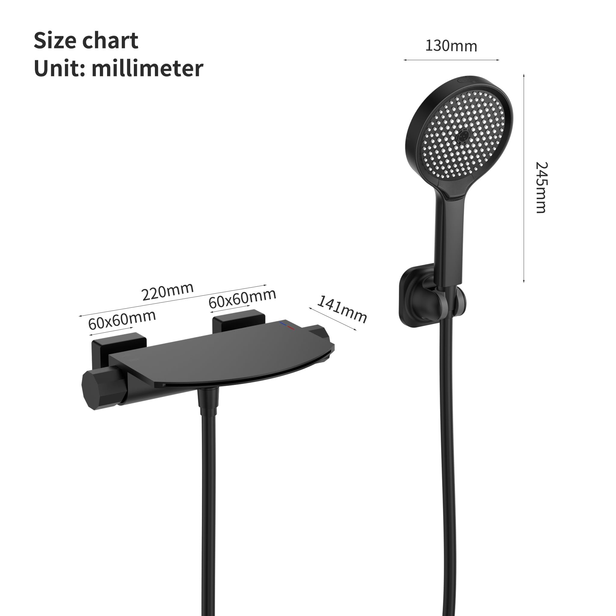 HOMELODY Grifo mezclador de baño negro con ducha de mano, grifo de baño de cascada, grifo mezclador de latón, accesorio de pared para bañera, montado en la pared con plataforma grande