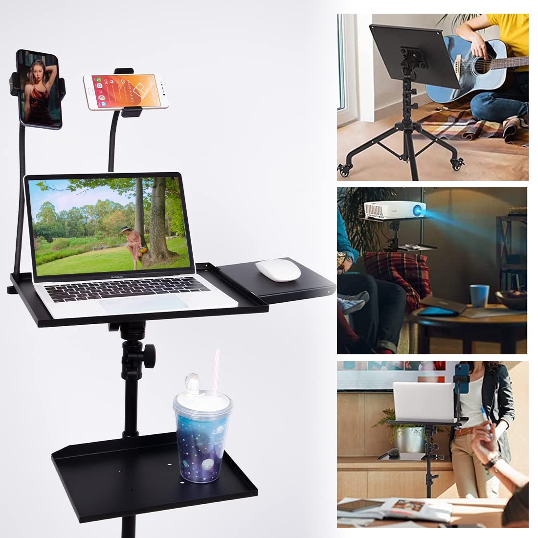 Support de Vidéoprojecteur, Support avec 3 Roulettes, Hauteur Réglable 81-130 cm, Trépied de Projecteur Portable, Projecteur, Equipement