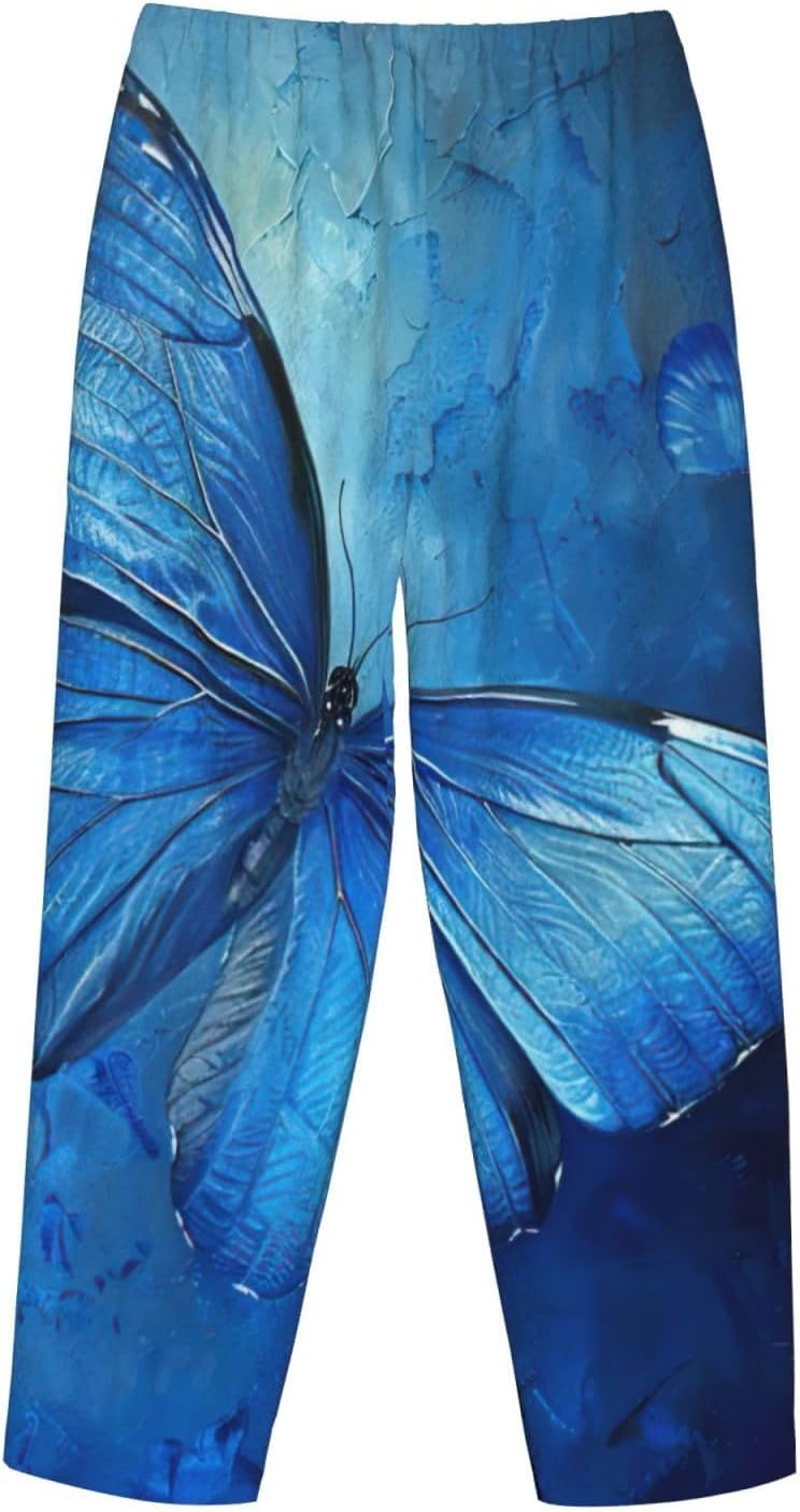 Blue Butterfly Print Fashion Cozy Womens Flannel Pajama Pants,Perfect For Christmas And Everyday Wear