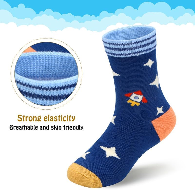 Padgene 10 Pairs Kids Boys Fun Novelty Socks Toddler None Slip Cotton Crew Dress Socks Cartoon Dinosaur Car Shark Stripes - Image 5