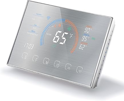 Jiawu Smart Thermostat, Programmable Thermostat for Home with C Wire Adapter, App Control, Temp. & Humidity Sensor, Compatible with Tmall Genie, Tuya, Support Voice Control Brushed Silver