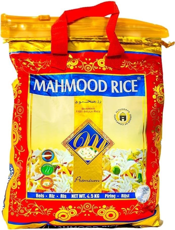 Arroz Basmati Mahmood – Arroz Basmati de grano largo de Pakistán, ideal para platos indios, curry, ensaladas y guarniciones, grano perfecto, cocina suelta y granular (9 kg)