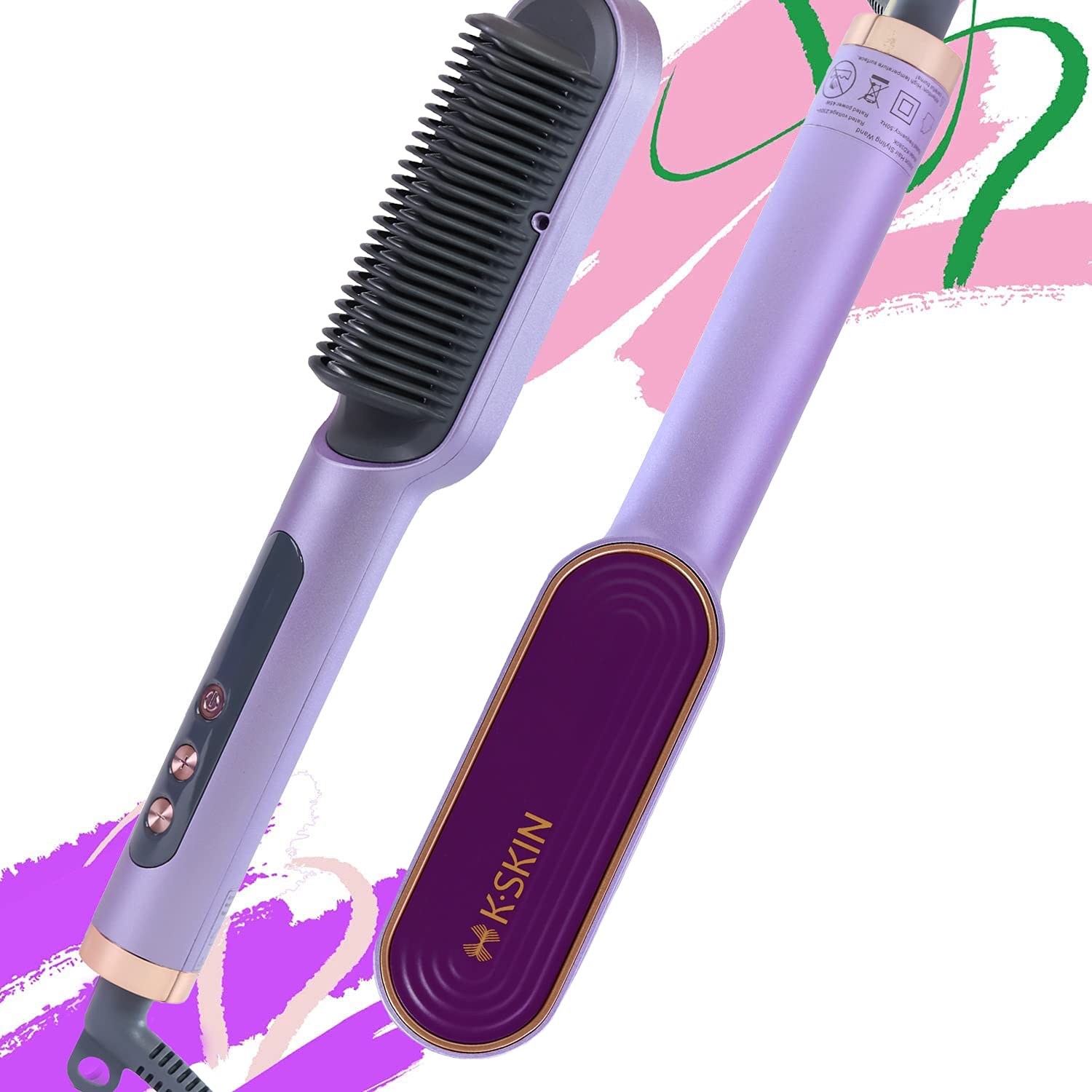 K.SkinFast Heating Hair Straightener Brush - Digital Display Comb for Women with 9 Temp Settings, Anti Scald Ceramic Hair Iron Straightener for Thick Hair, 30 Minutes Auto-Off,Purple