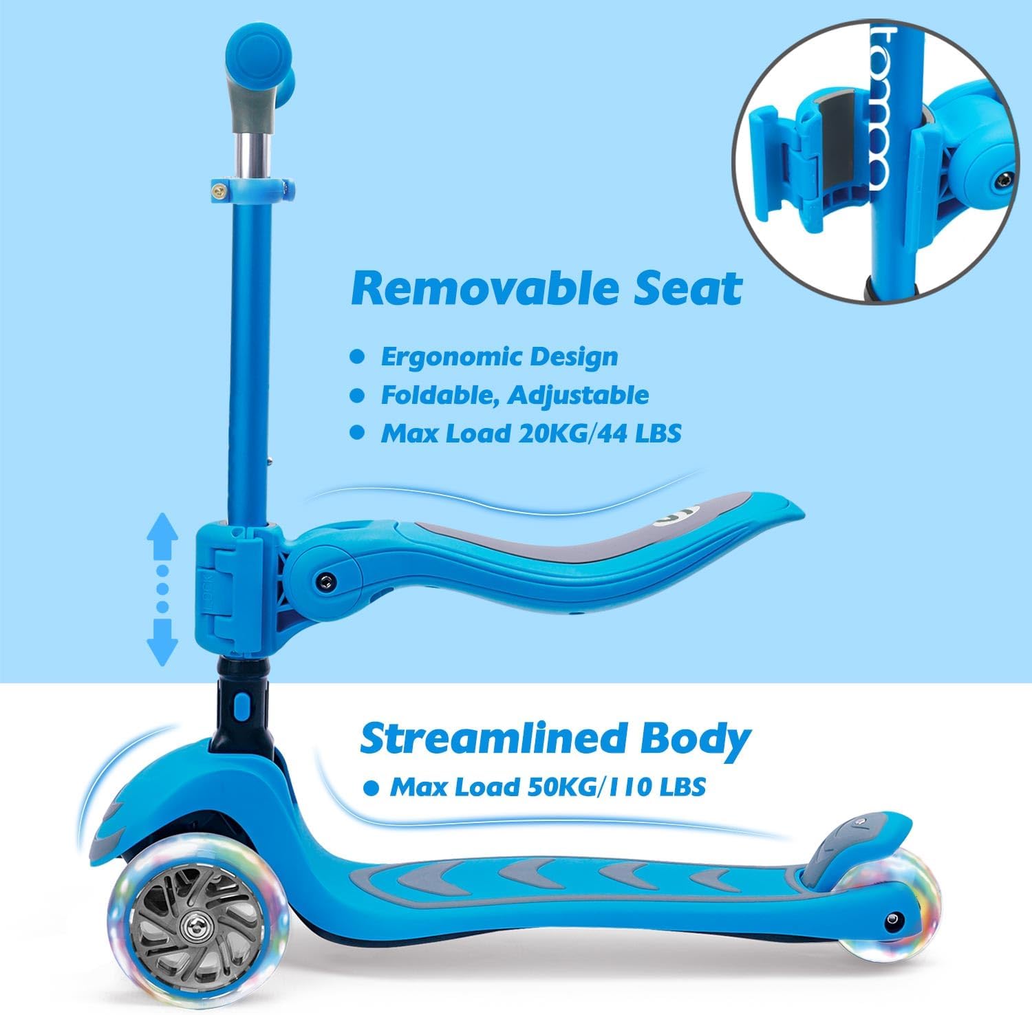 Stompa Kick Scooter for Kids 2-in-1 Light Up 3 Wheel Scooters with 4 Levels Adjustable Handlebar, Foldable Seat, Widen No-Slip Deck for Girls & Boys Ages 3-8 Years Old