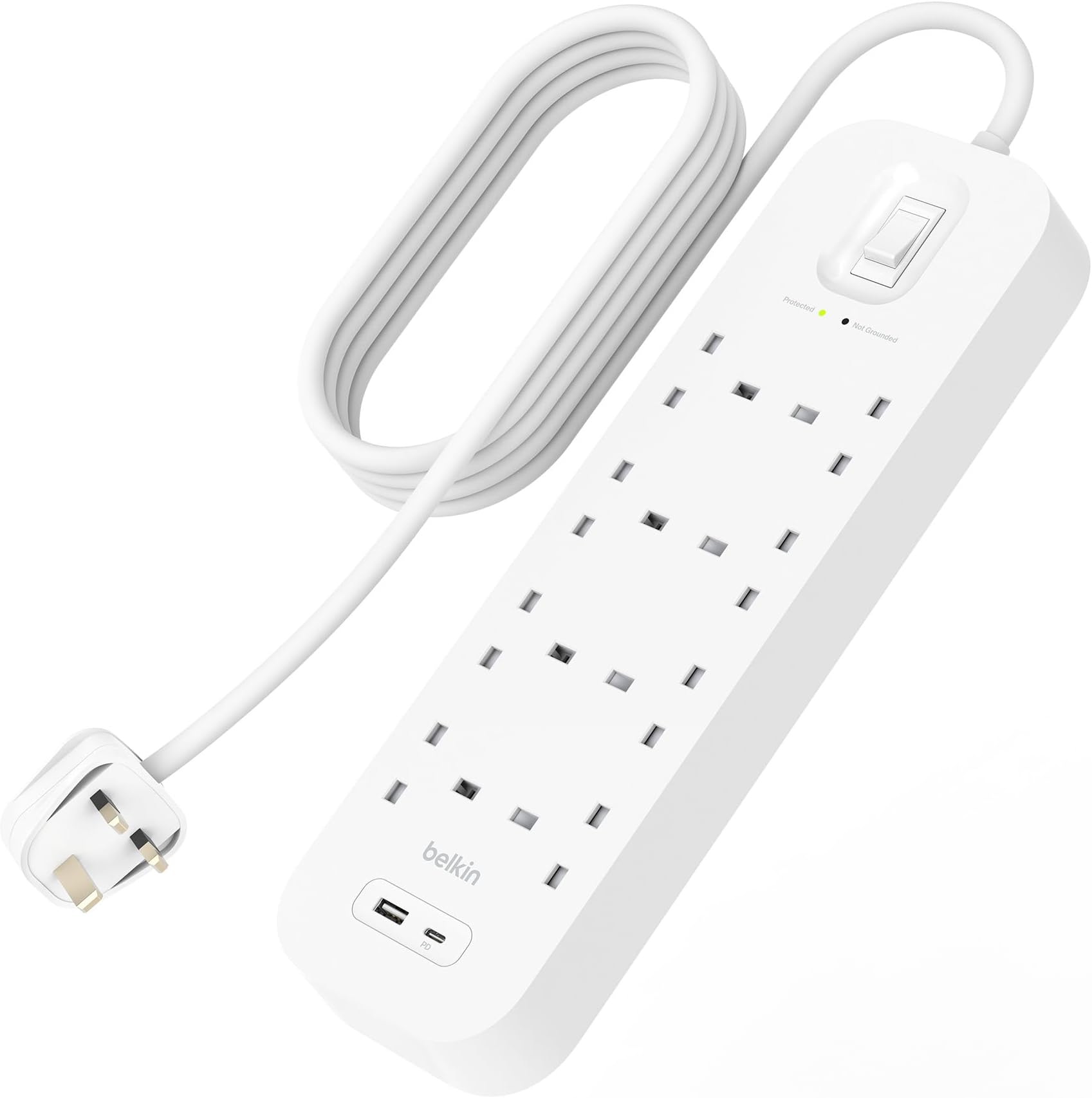 8-Outlet Surge Protector Power Strip, Wall-Mountable with 8 AC Outlets, 2M Power Cord, & Green Indicator Light - USB-C Port & USB-A Port w/USB-C PD Fast Charging - 900 Joules of Protection
