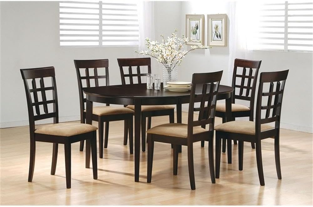 Pemberly Row 7-Piece Wood Oval Dining Set, 18-Inch Extension Leaf, Cappuccino & Beige Finish, Solid Hardwood Table and Cushioned Upholstered Chairs, Traditional Style for Kitchen or Dining Room