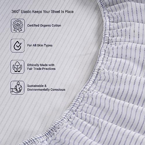 LANE LINEN 100% Organic Cotton Only Fitted Sheet Queen (Includes Pillowcases), 3 PC Set Soft Percale Weave, Queen Size, Soft, Breathable, Printed Fitted Fits Mattress Upto 15" Deep - Ticking Stripe - Thumbnail 5
