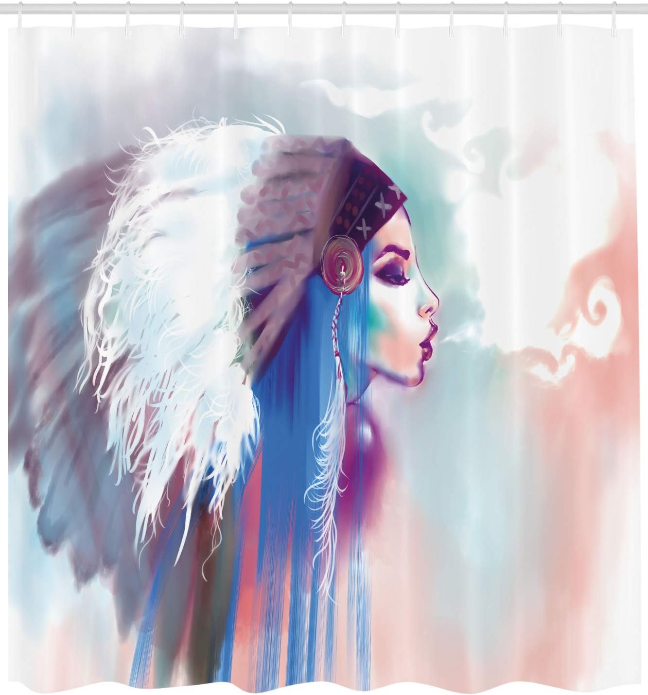 Ambesonne Tribal Shower Curtain, Girl Smoking Traditional Clothes Abstract Watercolor Background Illustration, Cloth Fabric Bathroom Decor Set with Hooks, 69" W x 75" L, Blue Mauve Salmon