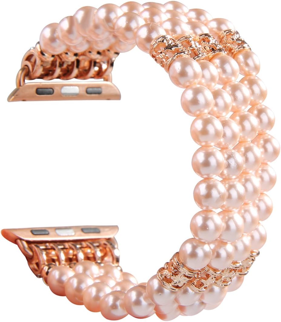 GEMEK Compatible with Apple Watch Band 38/40/41/42/44/45/49mm Women iWatch Bands Series 9/8/7/6/5/4/3/2/1, Handmade Beaded Elastic Stretch Pearl Bracelet Replacement Strap for Women Wristband