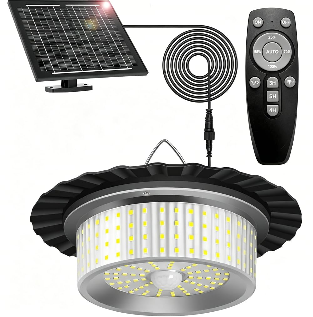 Lampade solari interne per capannoni, lampada solare con sensore di movimento a 4 modalità luminose, lampada sospesa solare per esterni impermeabile con telecomando, ideale per capannoni, gazebo