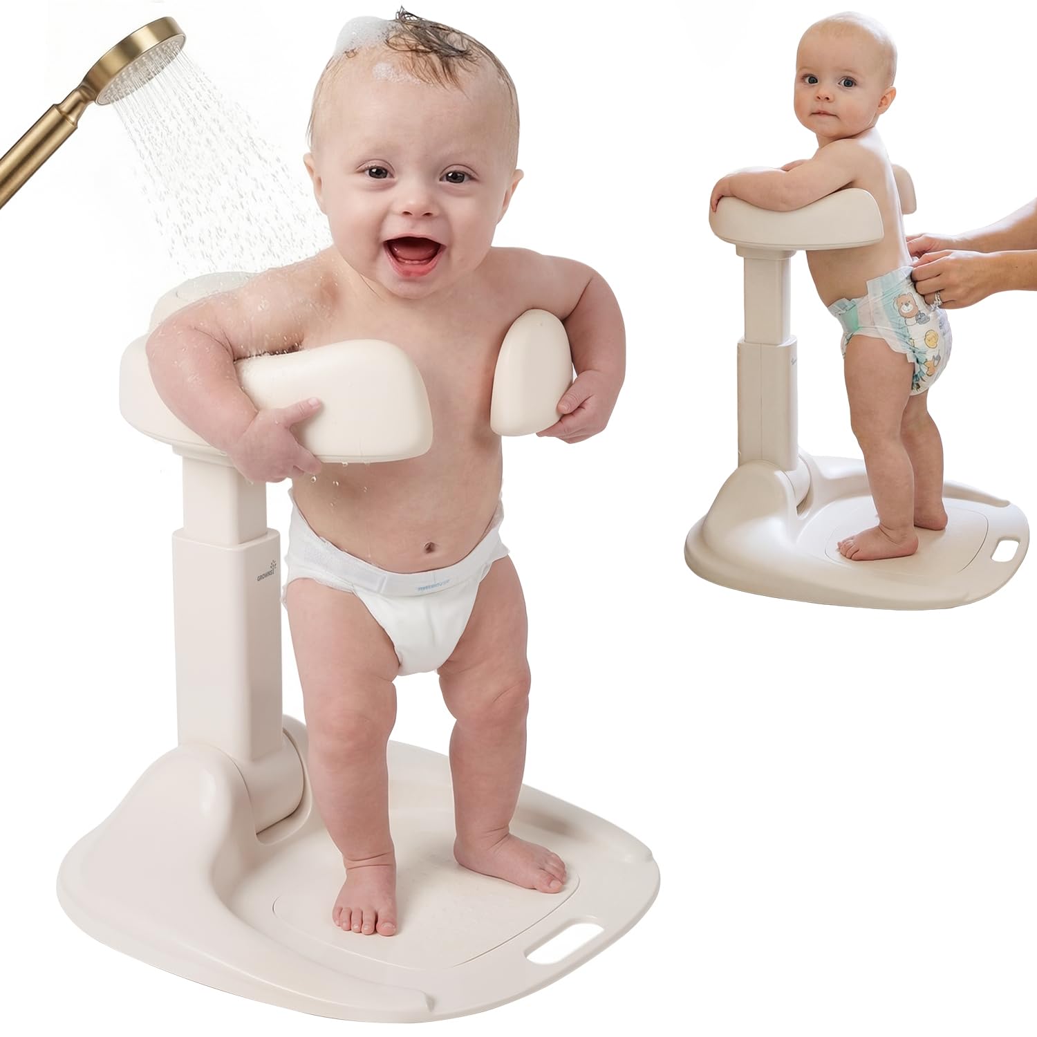 GROWNSY Support de bain et support de douche pliable pour bébé de 6 mois et plus | 8 réglages de hauteur et accoudoirs arrondis réglables, coussinets antidérapants, support de douche intégré, matériau ABS