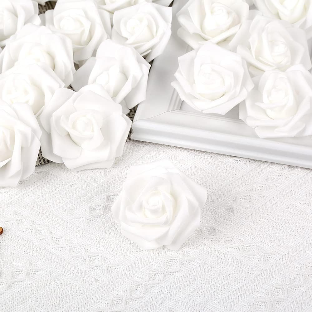 IPOPU 100 Pcs Artificial Rose Flower Heads Real Looking White Foam Fake Roses for DIY Wedding Baby Shower Centerpieces Arrangements Party Tables Home Decorations (White 1, Stemless) - Image 2