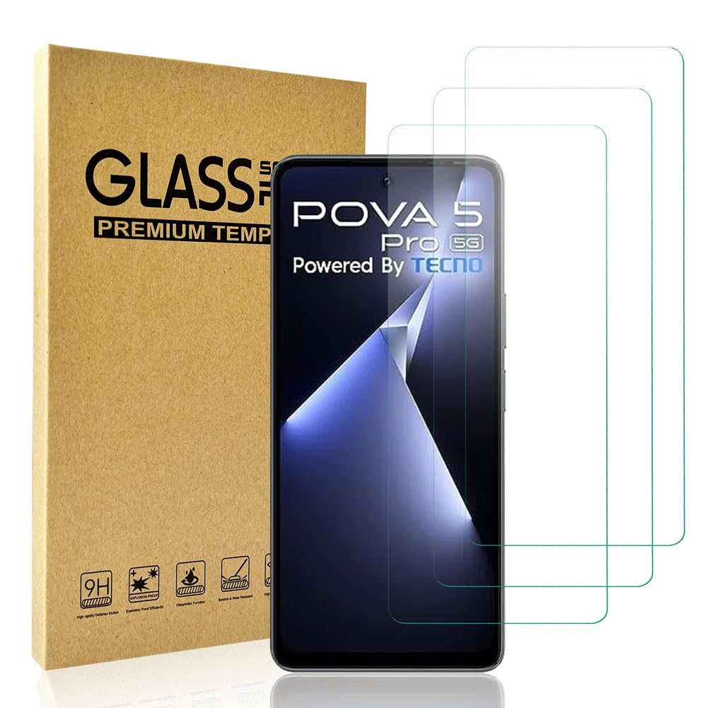 HACIENPieces Screen Protector for Tecno Pova 5 Pro 5G, 3 Pack Tempered Glass Hardness 9H, Bubble-Free, Compatible with Cases