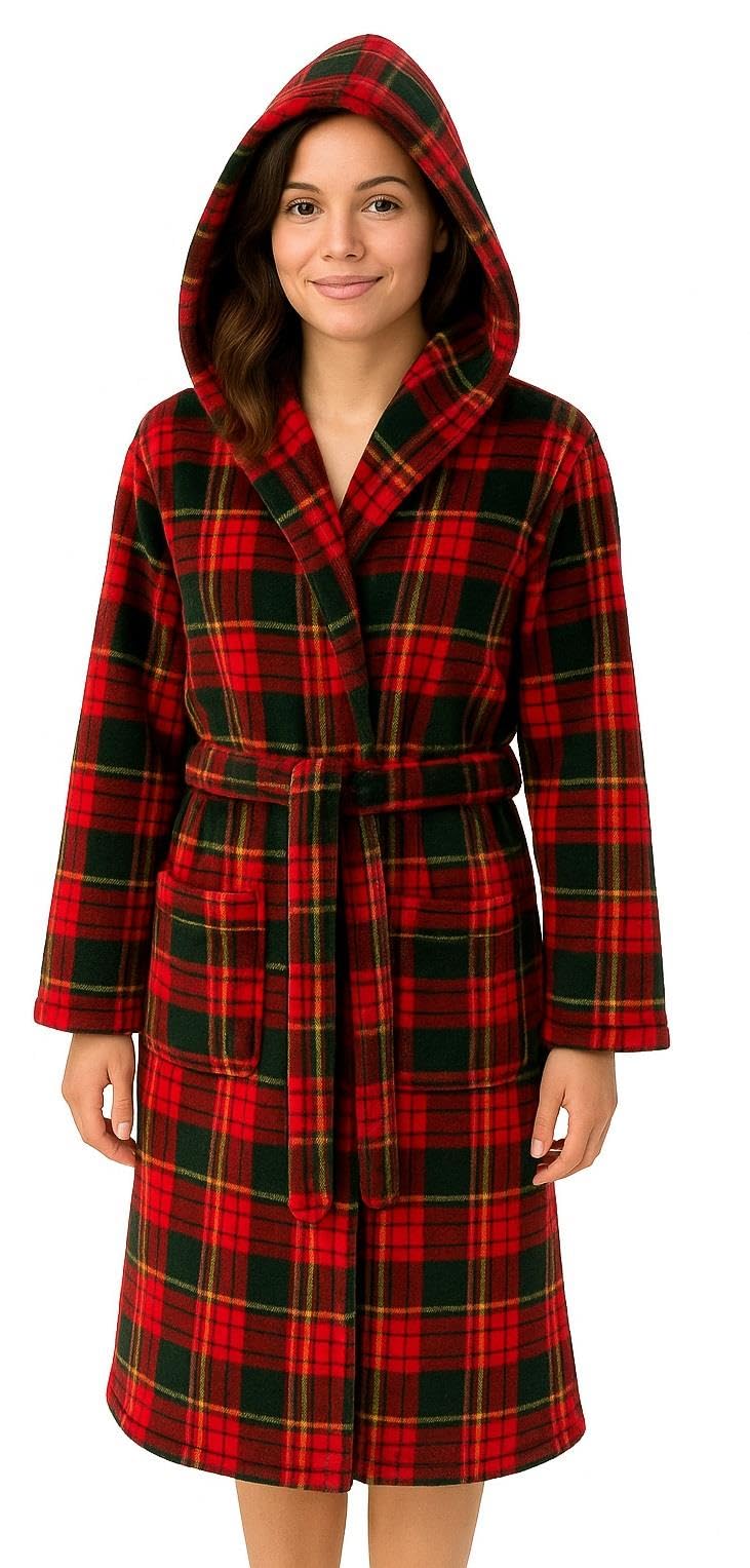 Adore Home Hooded Flannel Fleece Dressing Gown Bathrobe Warm Soft Cosy Bath Robe, Check Red, S-M