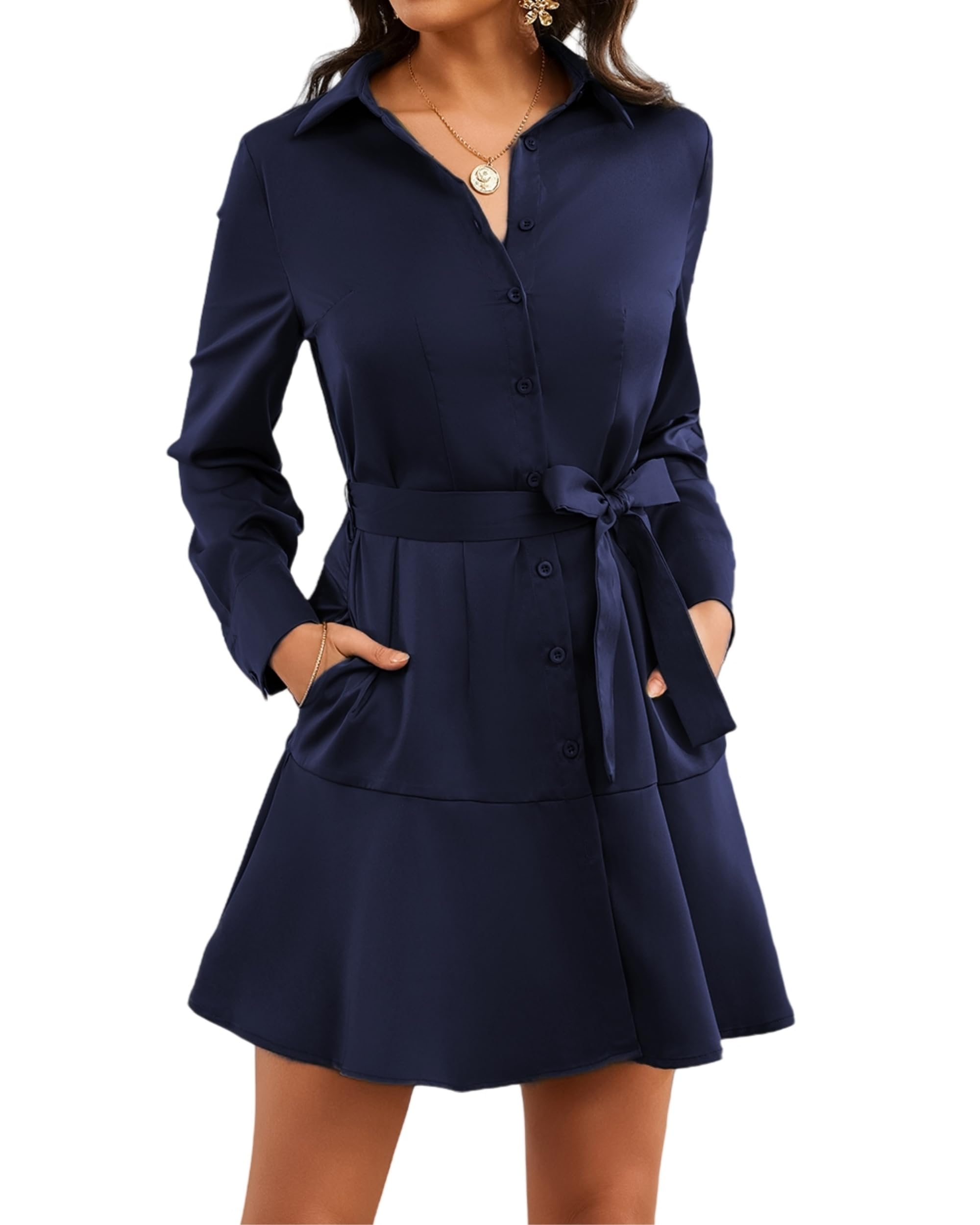 Women's Long Sleeve Button Up Midi Belt Shift Collar Dress with Pockets for Work Office Business