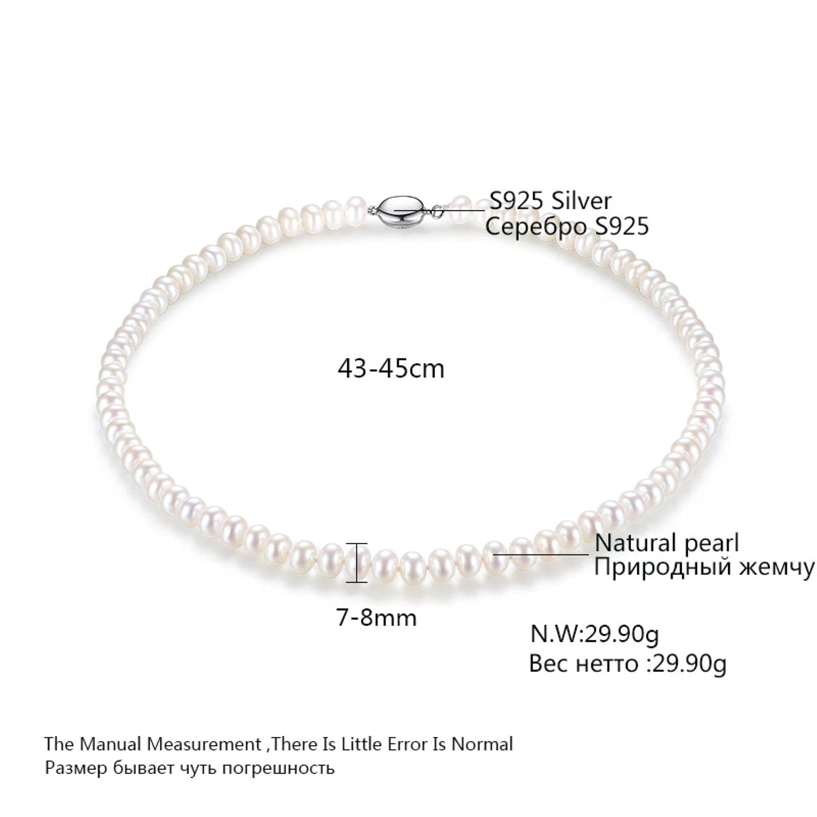 LOKILOKI Collar De Perlas De Plata 925 para Mujer 7-8 Mm Collar De Perlas De Agua Dulce Naturales Impecables Joyería Fina