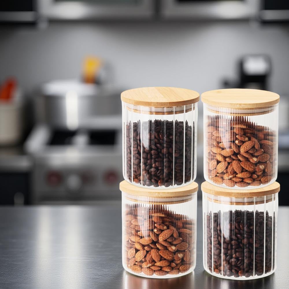 Set 4 Barattoli In Vetro Vintage Con Coperchio In Legno E Manico - 500ml Per Dispensa, Caffè, Zucchero - 2